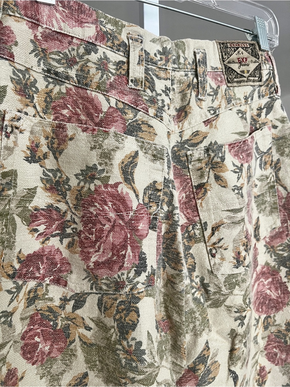 Express EXP Floral Rose Cottagecore Boho Woven Pants Hipster VTG Beige SZ 7/8 - Picture 5 of 11